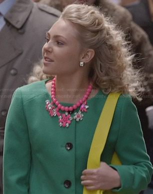 Carrie’s green collarless coat and pink crystal floral necklace on The Carrie Diaries