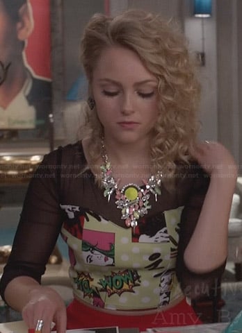 Carrie’s comic printed mesh sleeve crop top on The Carrie Diaries