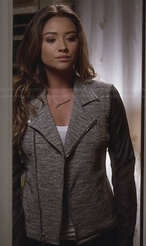 Emily’s grey moto jacket with leather sleeves on Pretty Little Liars