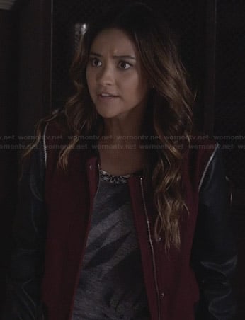 Emily’s red jacket with black leather sleeves on Pretty Little Liars