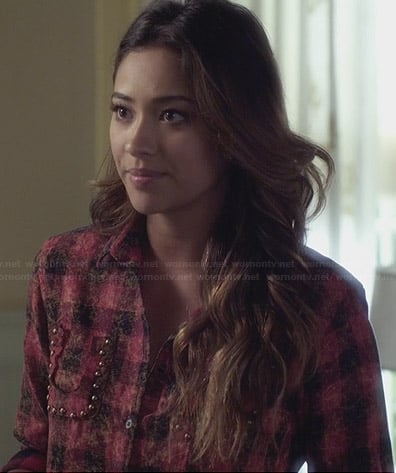 Emily’s red checked shirt with studded pockets on Pretty Little Liars