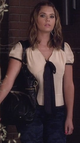 Hanna's white contrast neck tie blouse on PLL