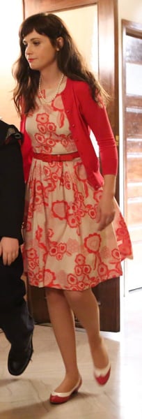 Jess’s white and red flower printed dress on New Girl