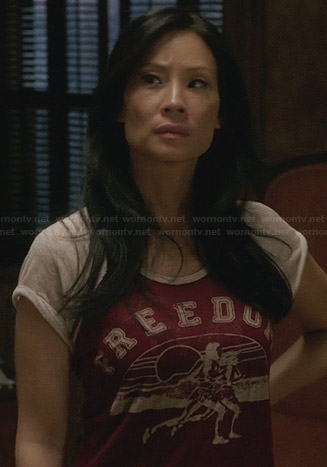 Joan’s red “Freedom” tee on Elementary