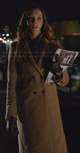 Laurel’s camel double breasted coat on Arrow
