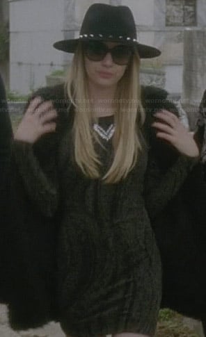 Madison’s black metallic patterned bodycon dress on American Horror Story