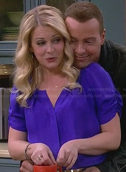 Mel’s purple blouse with ruched sleeves on Melissa and Joey