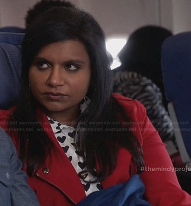 Mindy’s heart print shirt and red moto jacket on The Mindy Project