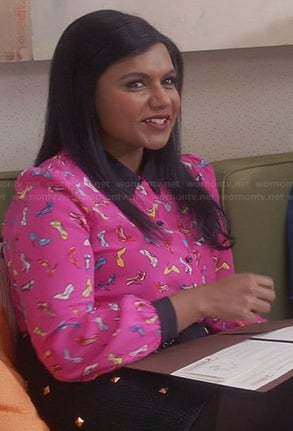 Mindy’s pink shoe print top and studded skirt on The Mindy Project