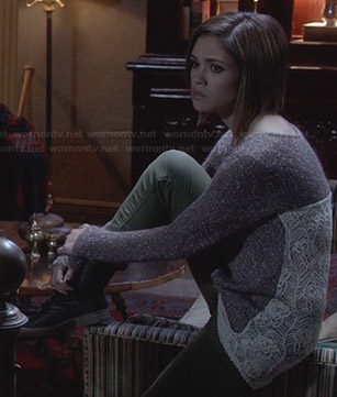 Miranda’s brown lace back sweater on Ravenswood