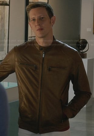Nolan’s tan leather jacket with zip pockets on Revenge