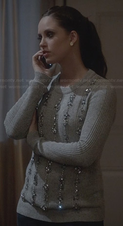 Olivia’s grey jewelled sweater on Ravenswood