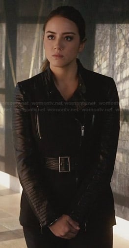 Skye’s belted jacket with leather sleeves on Agents of SHIELD