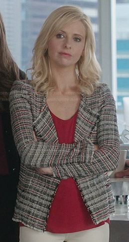 Sydney’s grey and red tweed jacket on The Crazy Ones