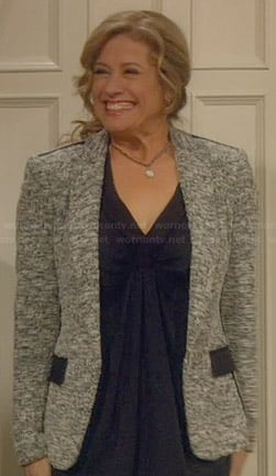Vanessa’s grey tweed blazer with black pockets and trim on Last Man Standing
