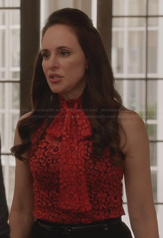 Victoria’s red lace neck tie top on Revenge