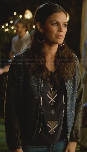 Zoe’s blue bomber jacket with leather sleeves on Hart of Dixie