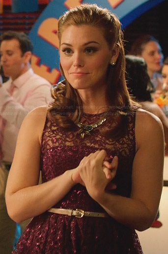 AnnaBeth’s purple sequinned lace dress and leaf necklace on Hart of Dixie