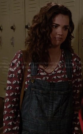 Callie’s red panda top and denim shortalls on The Fosters
