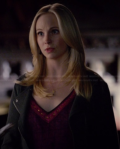 Caroline’s purple v-neck top and grey jacket on The Vampire Diaries