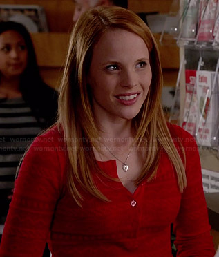 Daphne’s red patterned henley tee on Switched at Birth