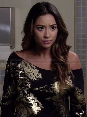 Emily’s black and gold foil sweatshirt on Pretty Little Liars