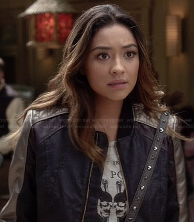 Emily’s black jacket with silver sleeves on Pretty Little Liars