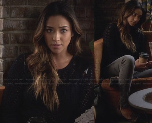 Emily’s black knit sweater with leather shoulders and studded loafers on Pretty Little Liars
