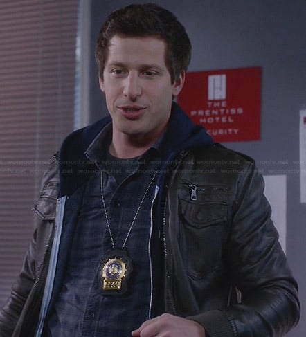 Jake’s blue plaid shirt and brown leather jacket on Brooklyn Nine-Nine