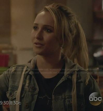 Juliette’s denim hooded jacket and black graphic tee on Nashville