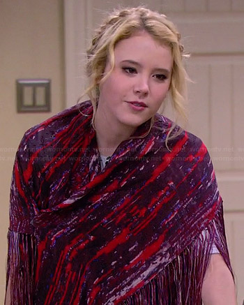 Lennox’s red and purple printed fringed wrap scarf on Melissa and Joey