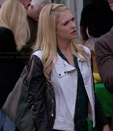 Mel’s white denim jacket with leather sleeves on Melissa and Joey