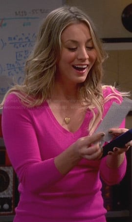 Penny’s hot pink v-neck sweater on The Big Bang Theory
