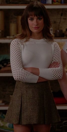 Rachel’s white perforated sweater and tweed skirt on Glee