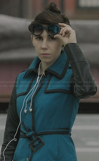 Shoshanna’s blue trench coat with black sleeves and trim on Girls