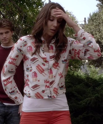 Spencer’s popsicle and “Happy Ashley” print top on Pretty Little Liars