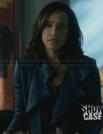 Tess’s blue leather jacket on Beauty and the Beast