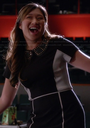 Tina’s black and white colorblock dress and studded collar on Glee