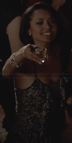 Bonnie’s printed ruffle front top on The Vampire Diaries
