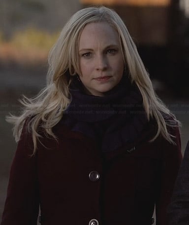 Caroline’s red coat and purple ruffle trim scarf on The Vampire Diaries