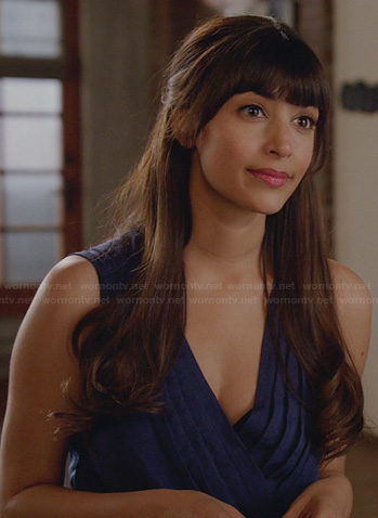 Cece’s blue pleated wrap dress on New Girl