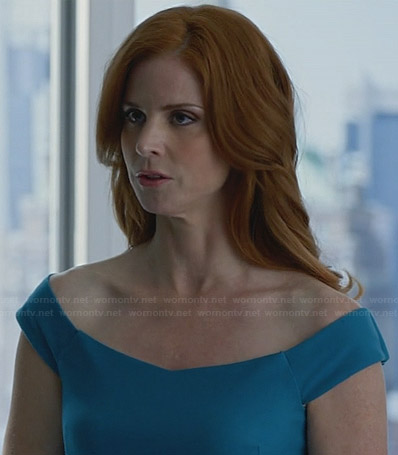 WornOnTV: Donna's blue off-shoulder dress on Suits Sarah