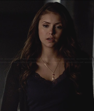 Elena’s navy lace trim cami and red and gold necklace on The Vampire Diaries