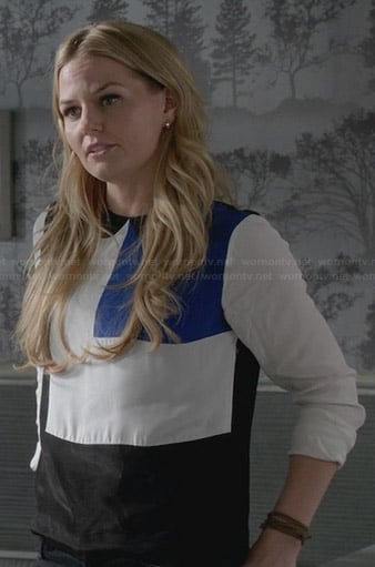 Emma’s blue, white, and black colorblock blouse on Once Upon a Time