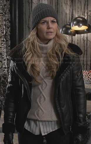 Emma’s cable knit turtleneck sweater and leather hooded jacket on Once Upon A Time