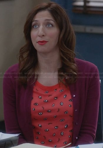 Gina’s red eye printed tee and purple cardigan on Brooklyn Nine-Nine