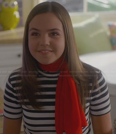 Hillary’s striped top with red scarf on Trophy Wife