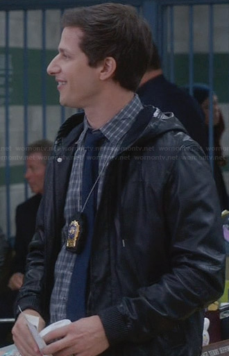 Jake’s grey checked shirt and black bomber jacket on Brooklyn Nine-Nine