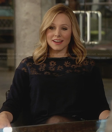 Jeannie’s navy blue floral yoke top on House of Lies