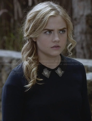 Jo’s navy blue dress with embellished collar on Twisted